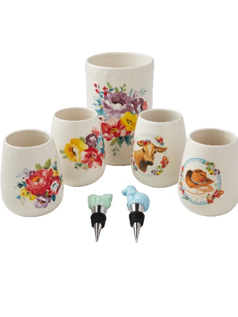 The Pioneer Woman Sweet Rose 7-Piece Stoneware Stemless Wine Glasses Set/Chiller
